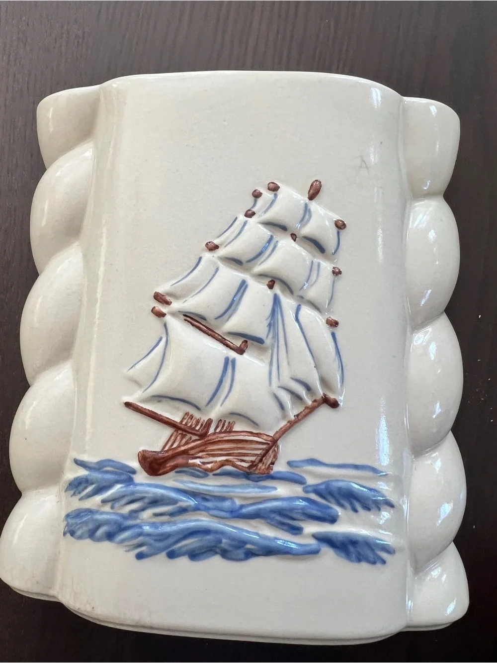 Abingdon Clipper Ship Pottery Vase with Sailboat - White with Blue Nautical